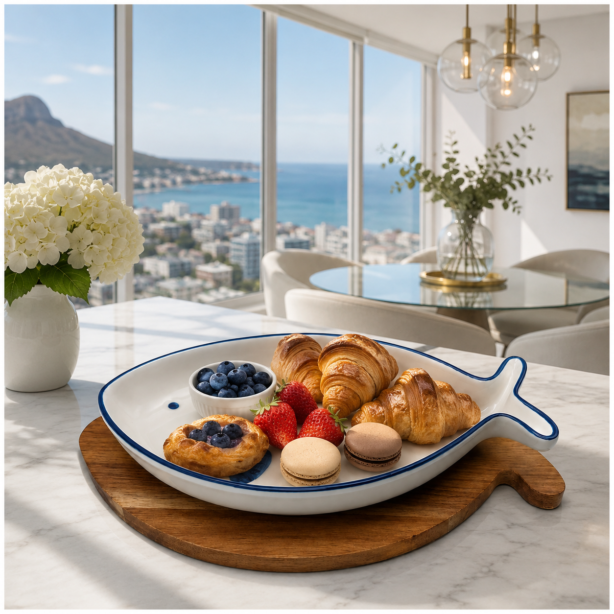 Fish Shaped Snack Serving Platter with Wooden Tray – Ceramic & Acacia Wood Serveware Set