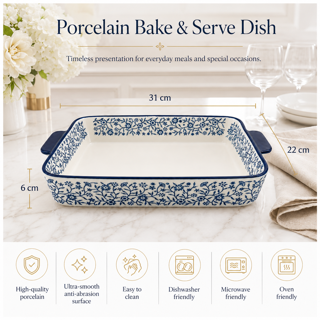 Premium White-Blue Porcelain Rectangular Casserole Dish -Serving Dish -31cm
