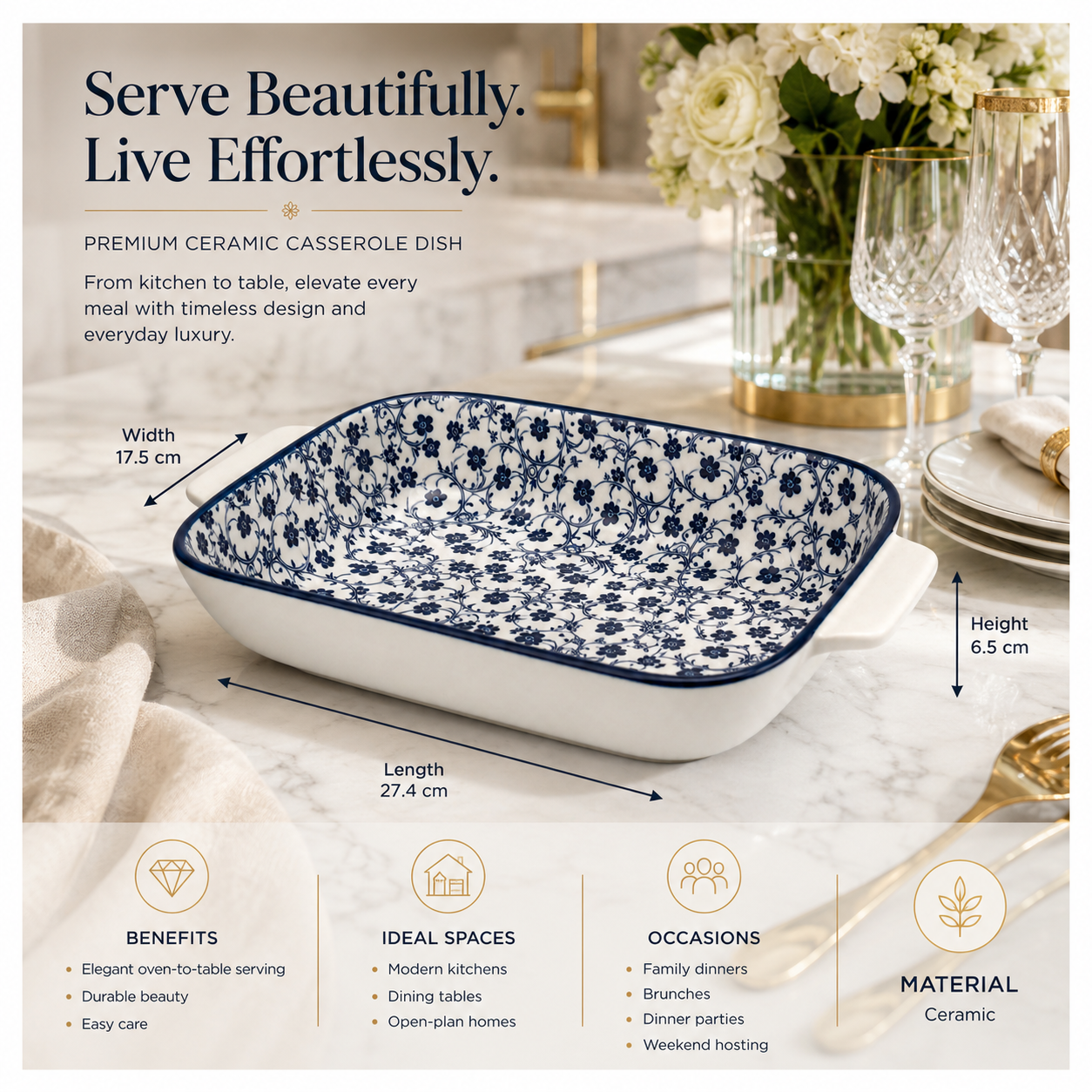 Elegant Navy Floral Ceramic Casserole Dish – 27.4cm - Blue and White