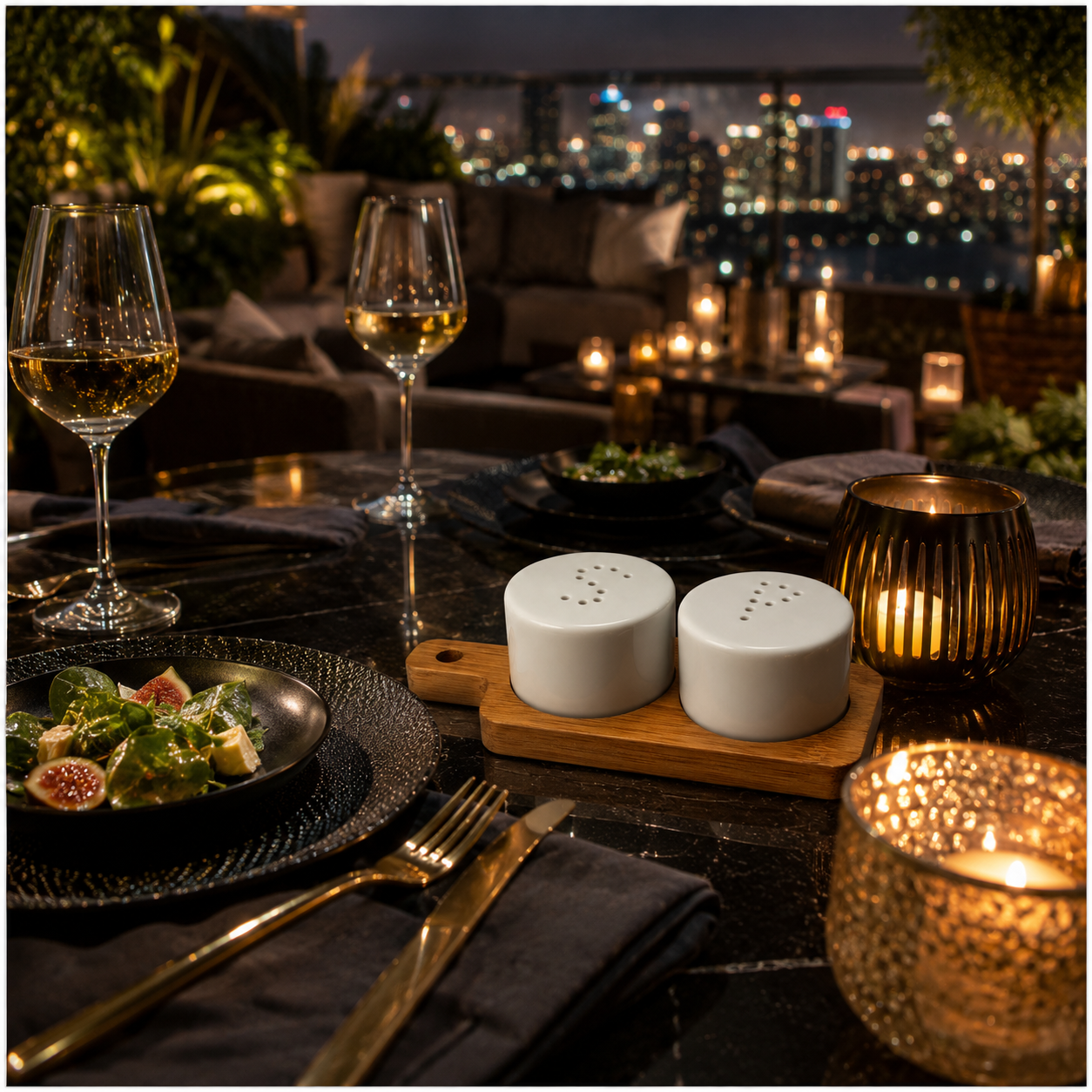 Classic Salt and Pepper Shakers with Bamboo Board – 3 Piece Porcelain Set