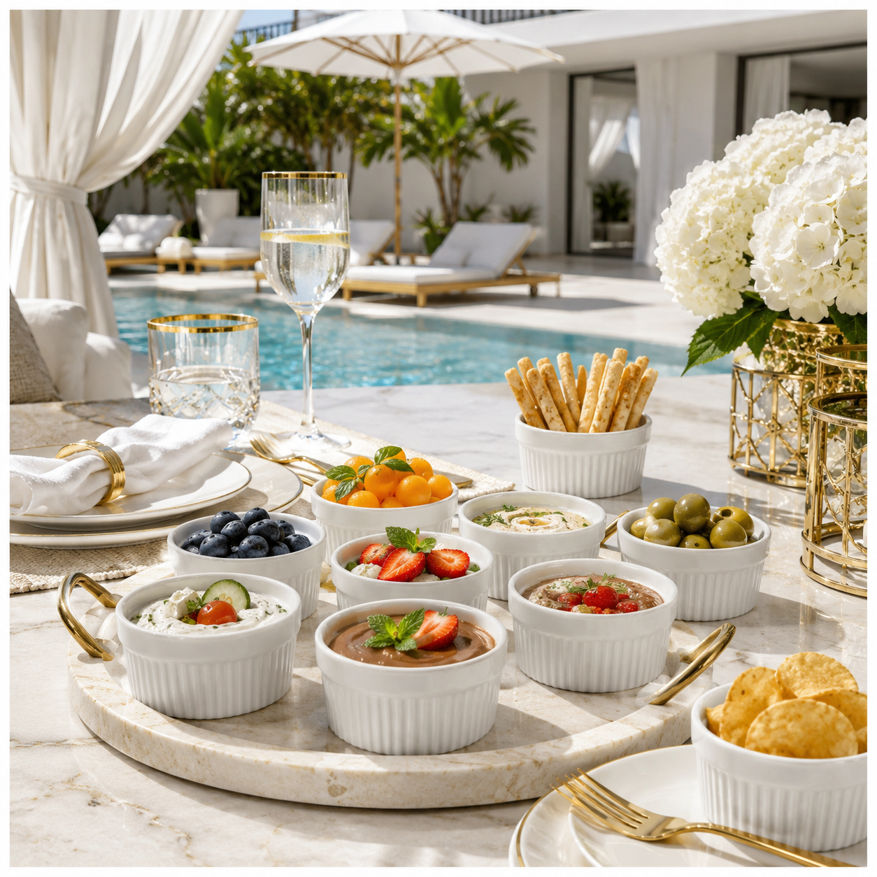 White Porcelain Ramekins Set of 12–Classic Ribbed Dessert and Baking Bowls