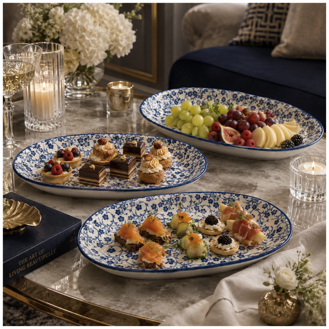 Elegant Blue and White Ceramic Serving Platter Set – Set of 3 - 30 cm
