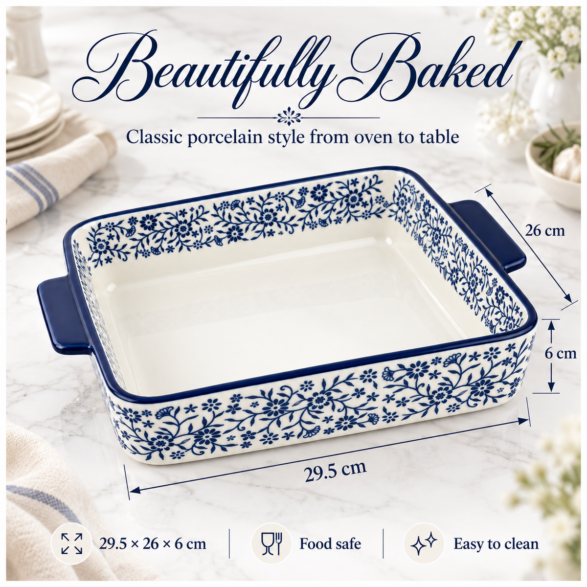 Elegant Blue and White Floral Porcelain Baking Dish with Handles - 29.5cm