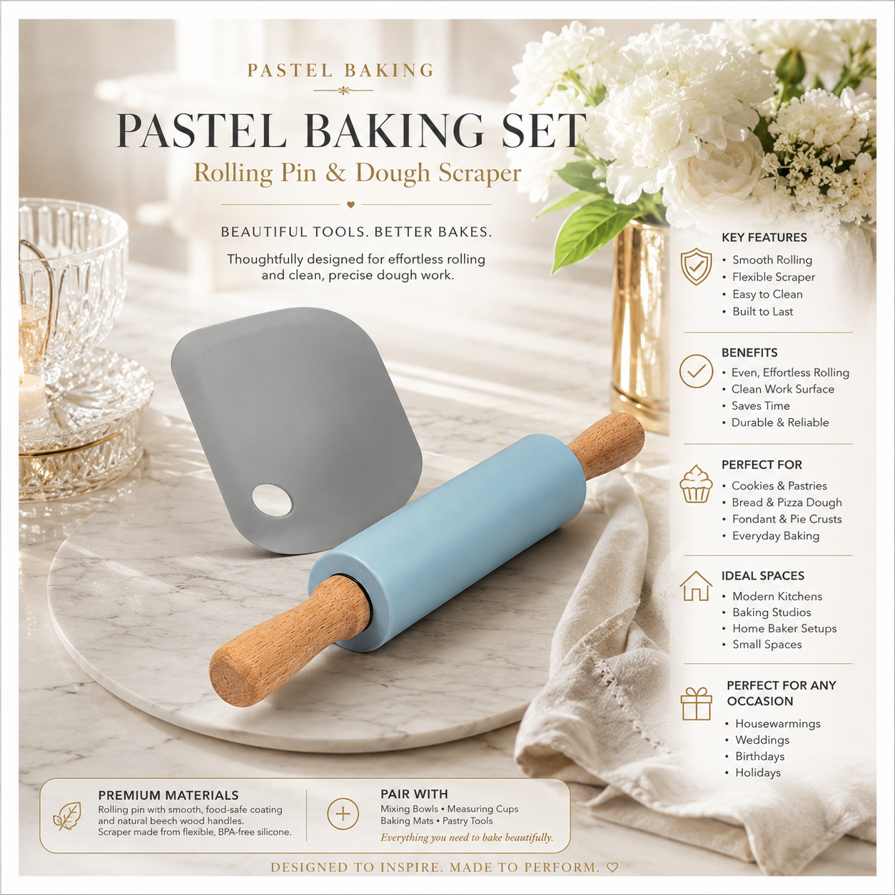 A stylish baking set made for rolling, shaping, lifting and scraping