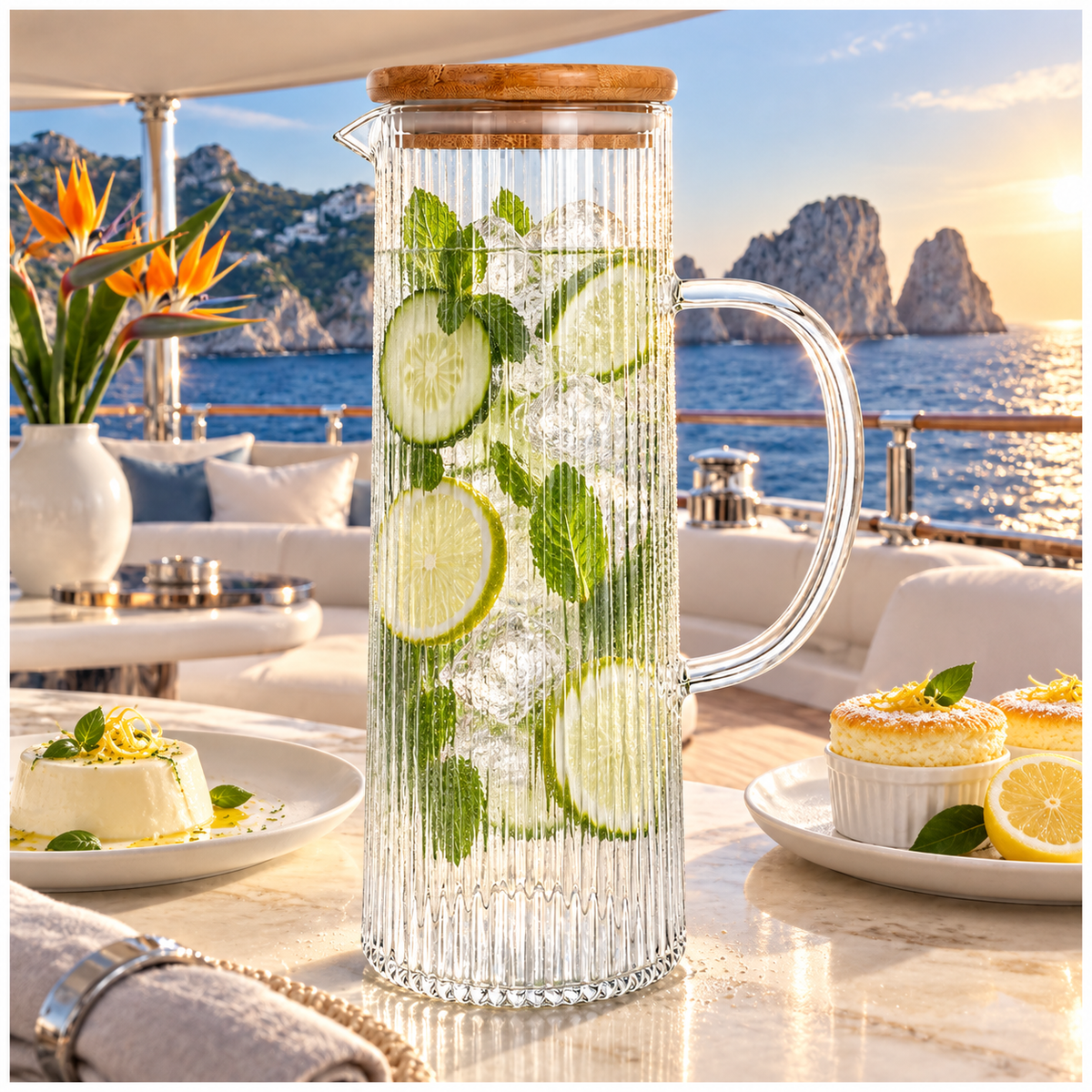 Elegant 1.2L Ribbed Crystal Glass Water Pitcher with Airtight Wooden Lid
