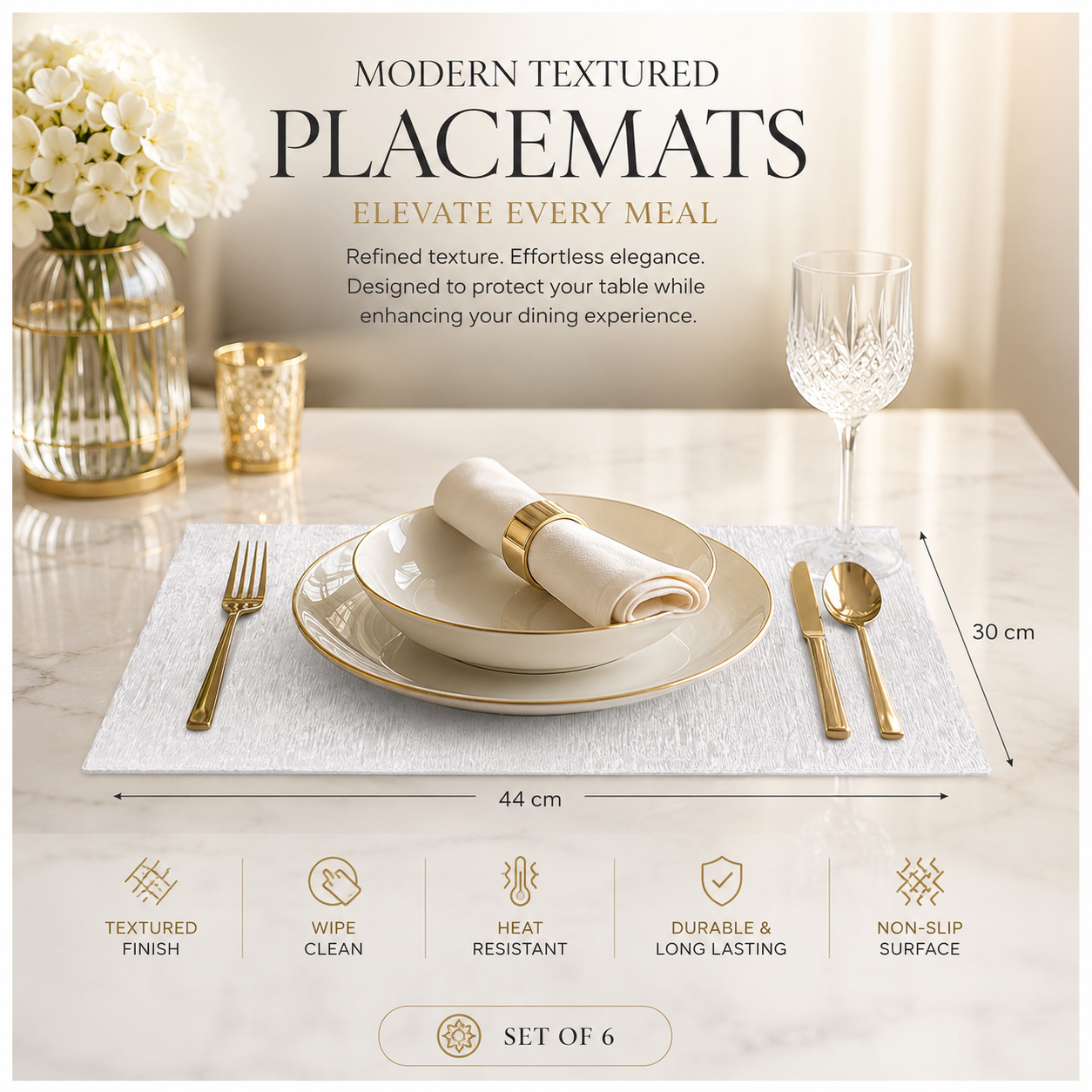 Elegant 6 Piece Textured Placemats – Clear And White 30 x 44 cm Table Mats