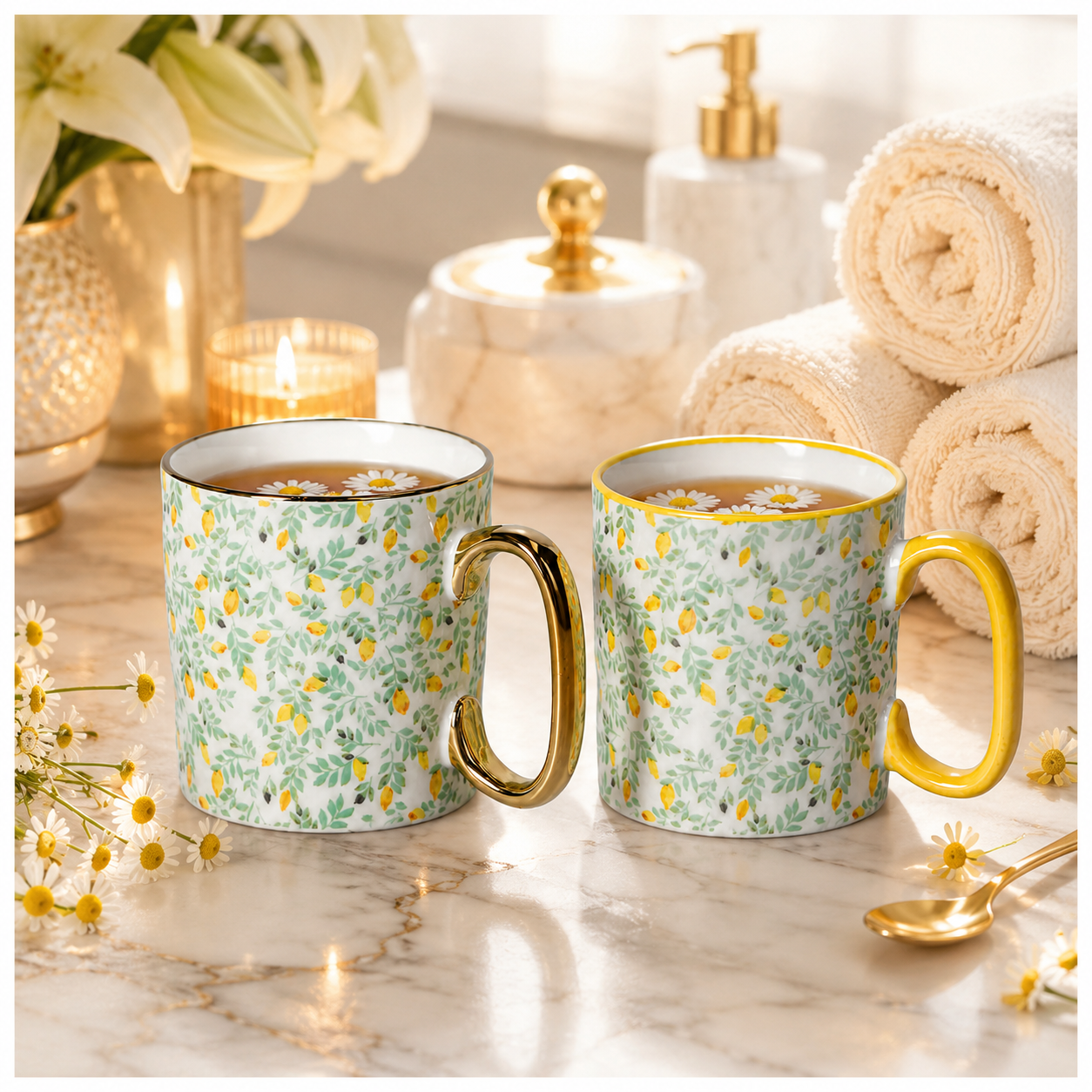 2-Piece Floral Porcelain Coffee Mug Set–Elegant Hot and Cold Beverage Mugs
