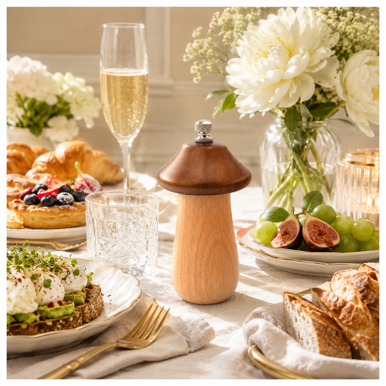 Natural Beech Wood Mushroom Pepper Mill with Adjustable Grind Control-12 cm
