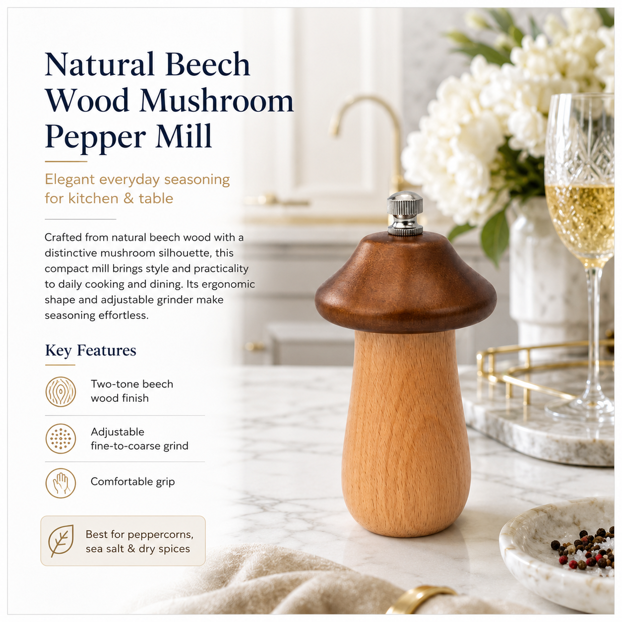 Natural Beech Wood Mushroom Pepper Mill with Adjustable Grind Control-12 cm