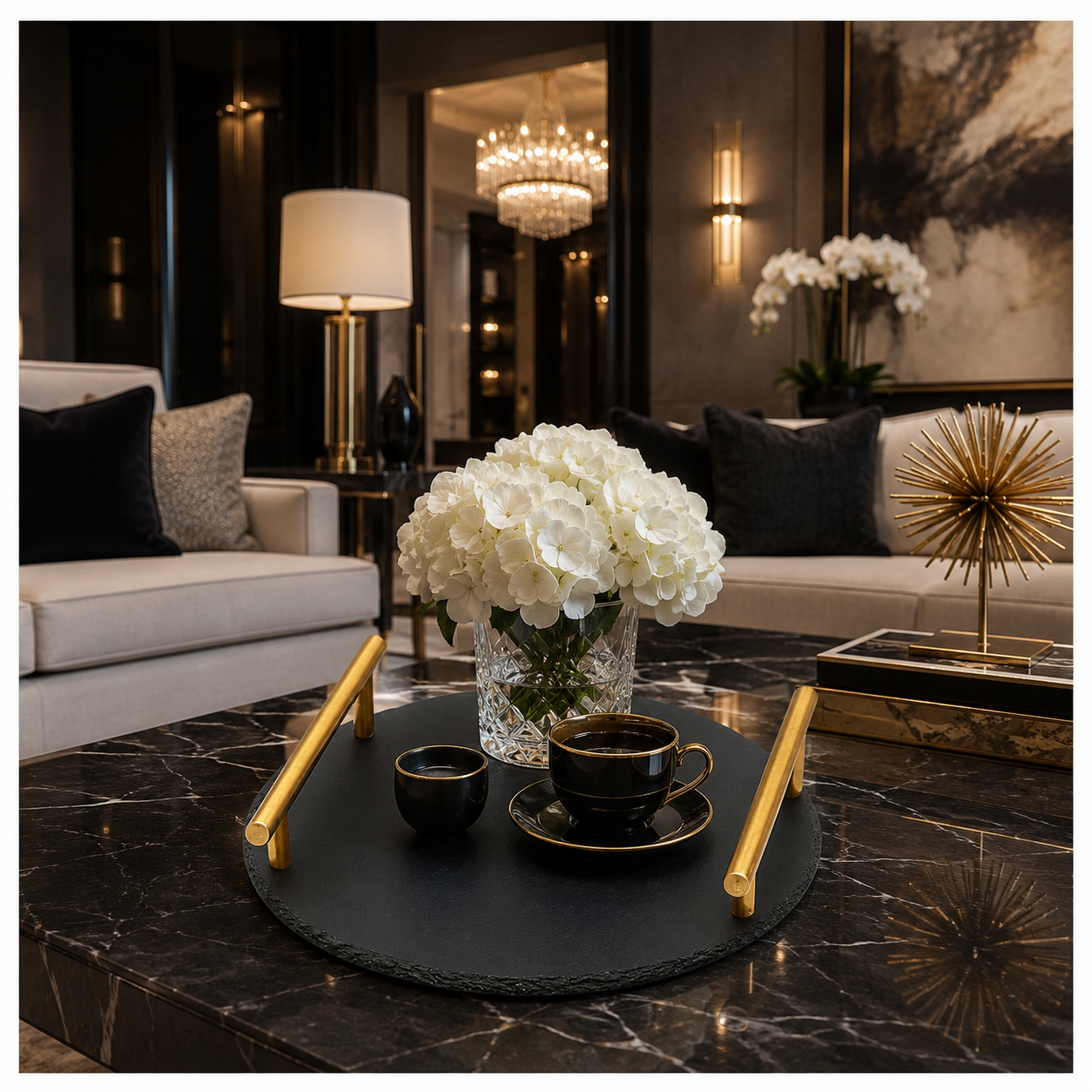 Midnight Slate Round Serving Tray With Metallic Gold Handles