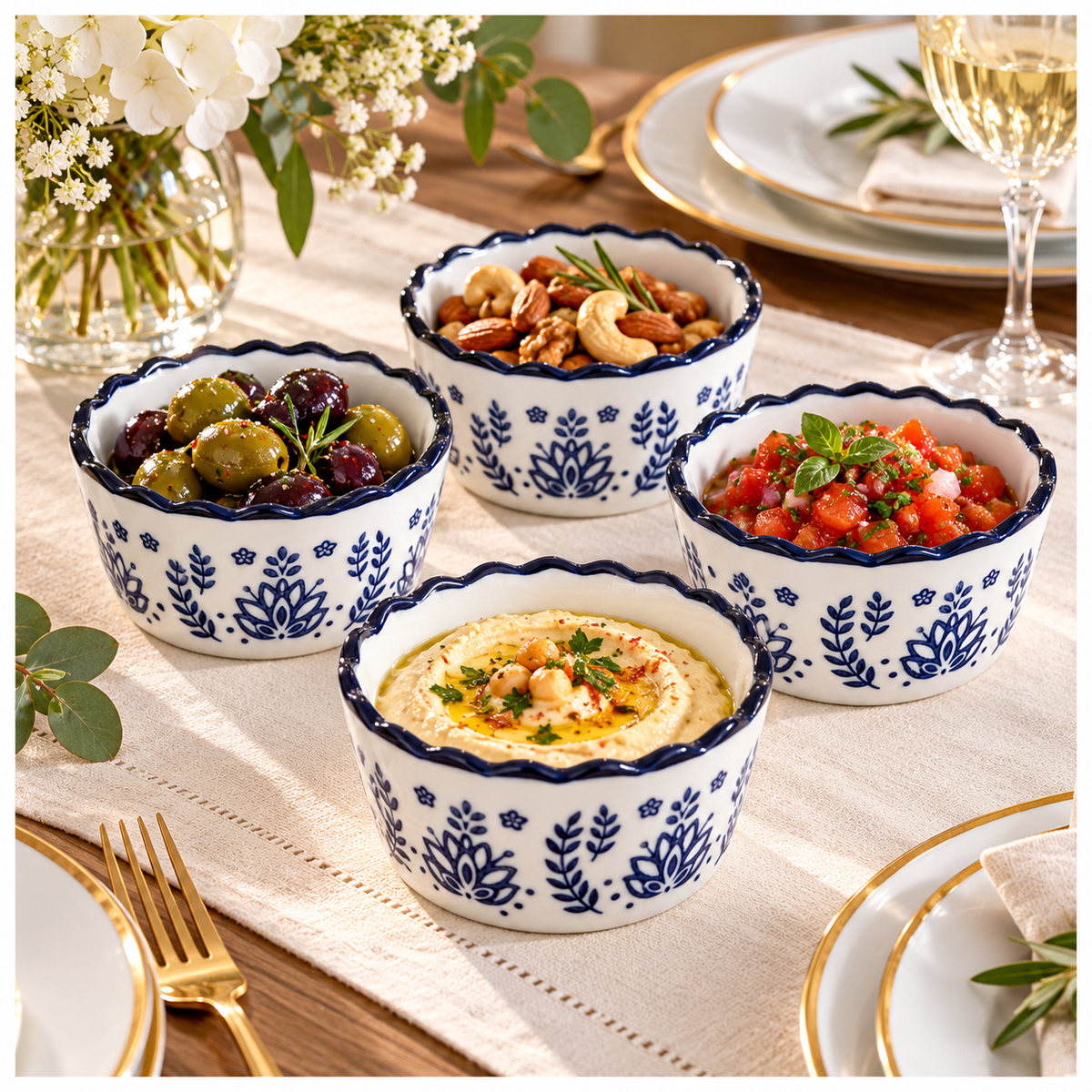 Elegant Navy Botanical Porcelain Sauce Bowls – Set of 4 Floral Bowls