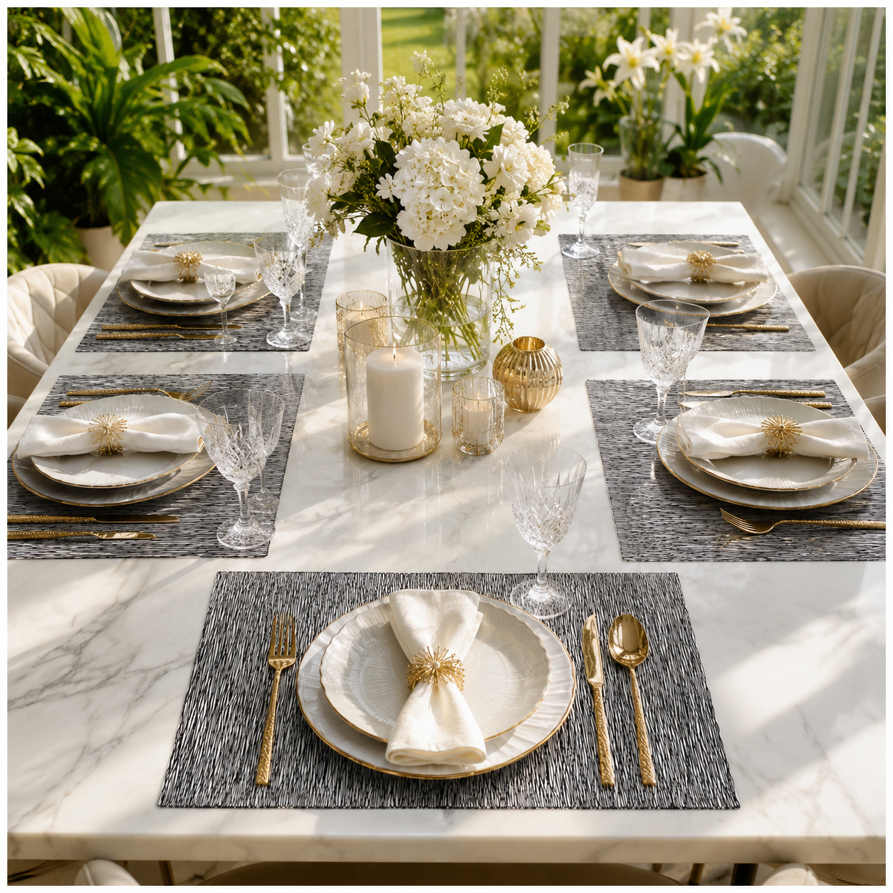 6-Piece Reversible Black Textured Waterproof Placemats – Dining Table Mats