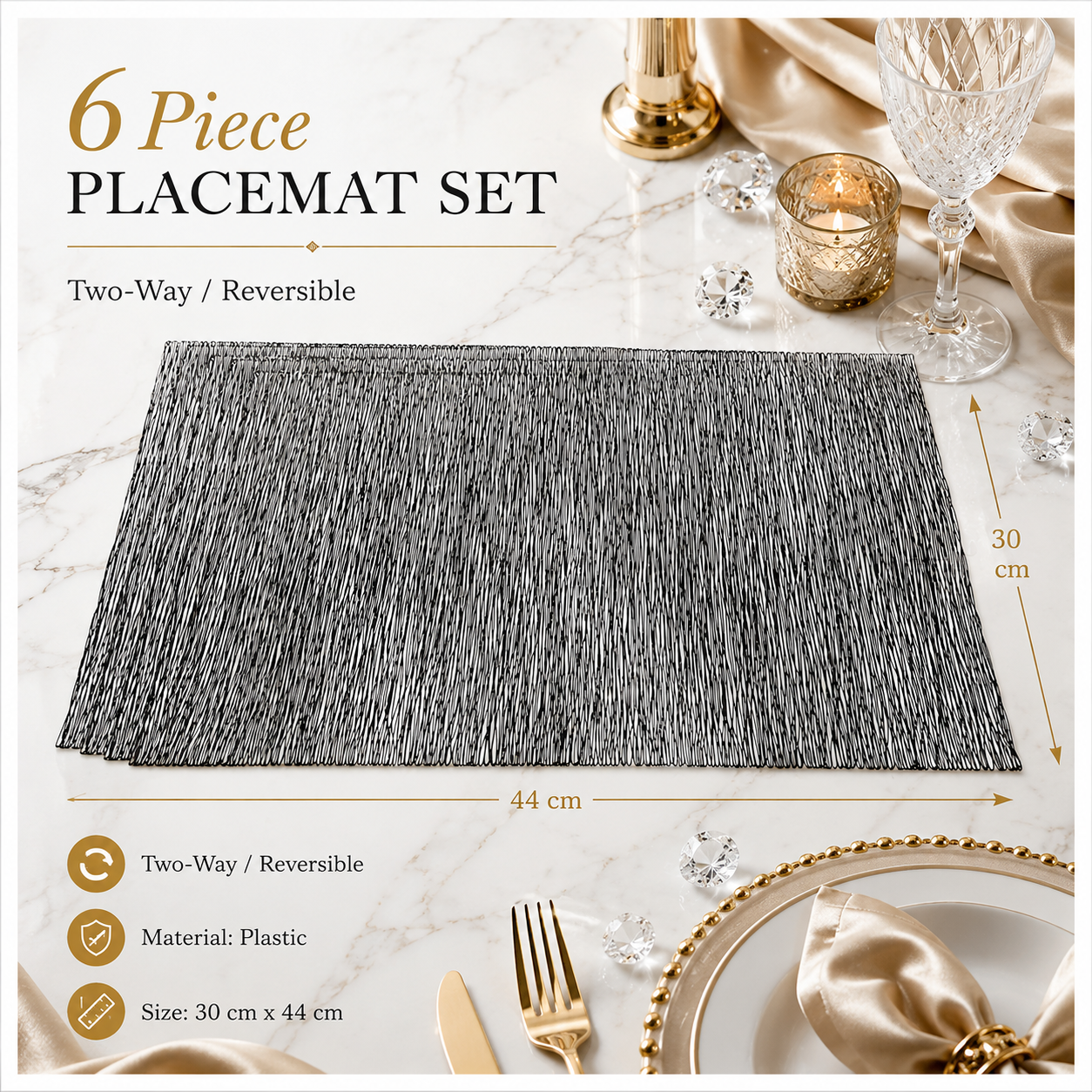 6-Piece Reversible Black Textured Waterproof Placemats – Dining Table Mats