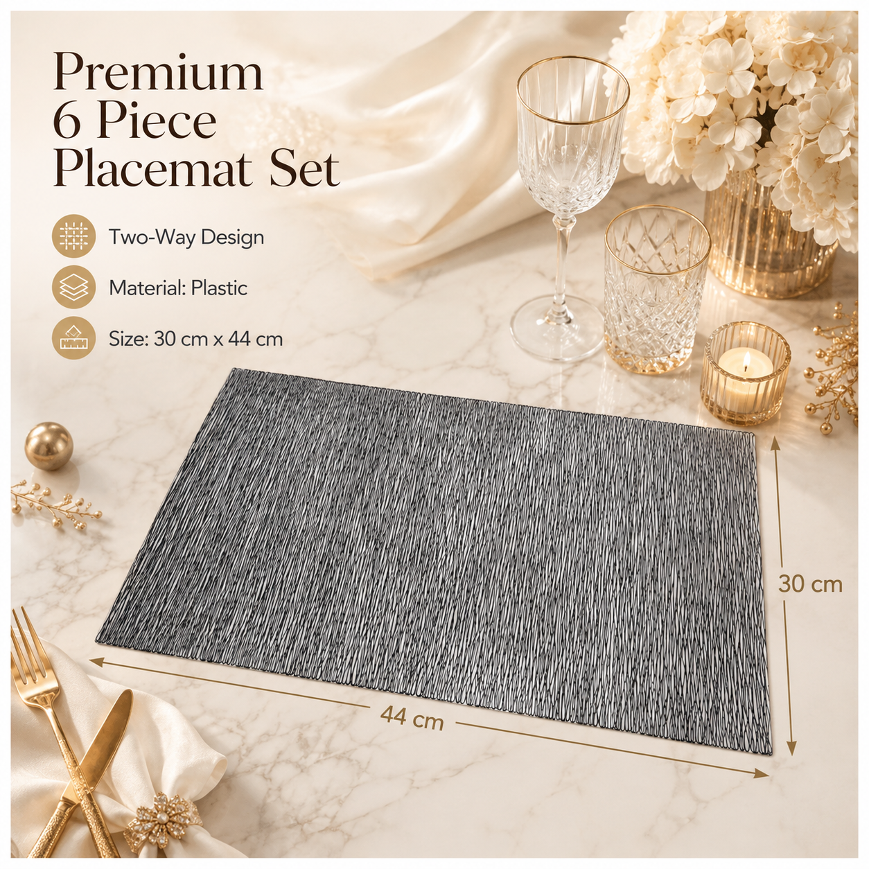 6-Piece Reversible Black Textured Waterproof Placemats – Dining Table Mats