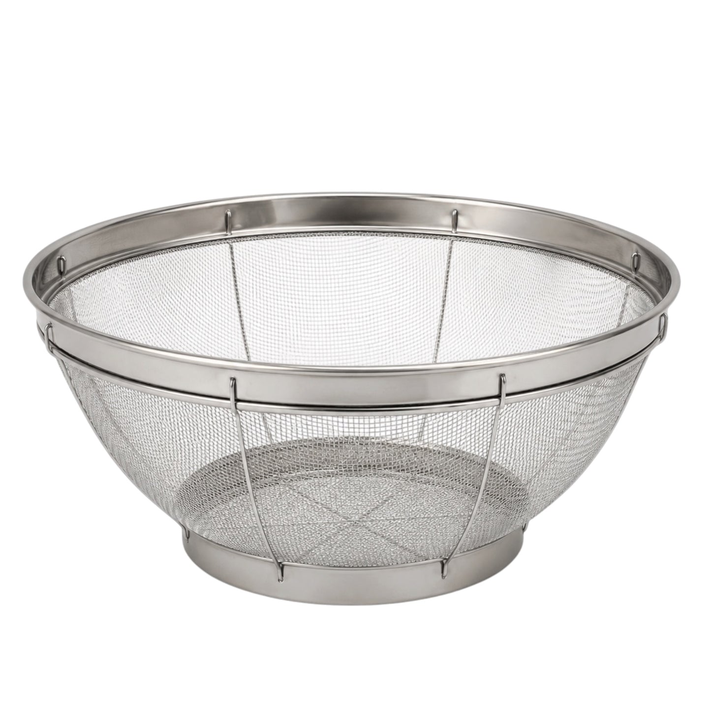 Metal mesh strainer on a white background