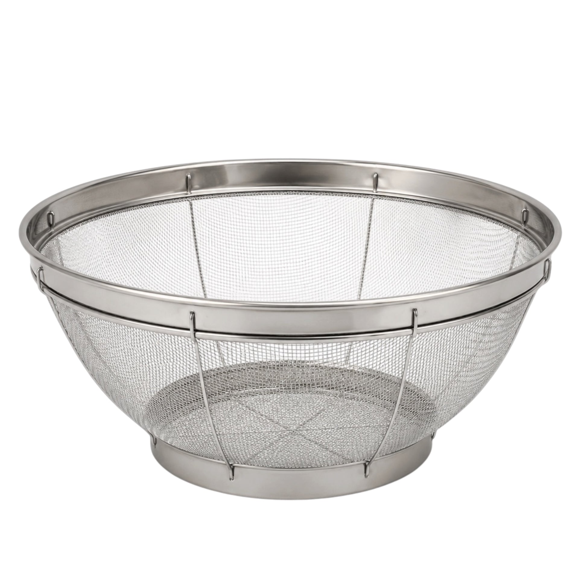 Metal mesh strainer on a white background