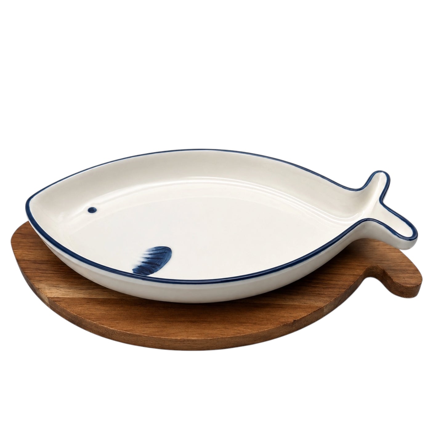 Ceramic fish shaped dish with wooden base on a white background