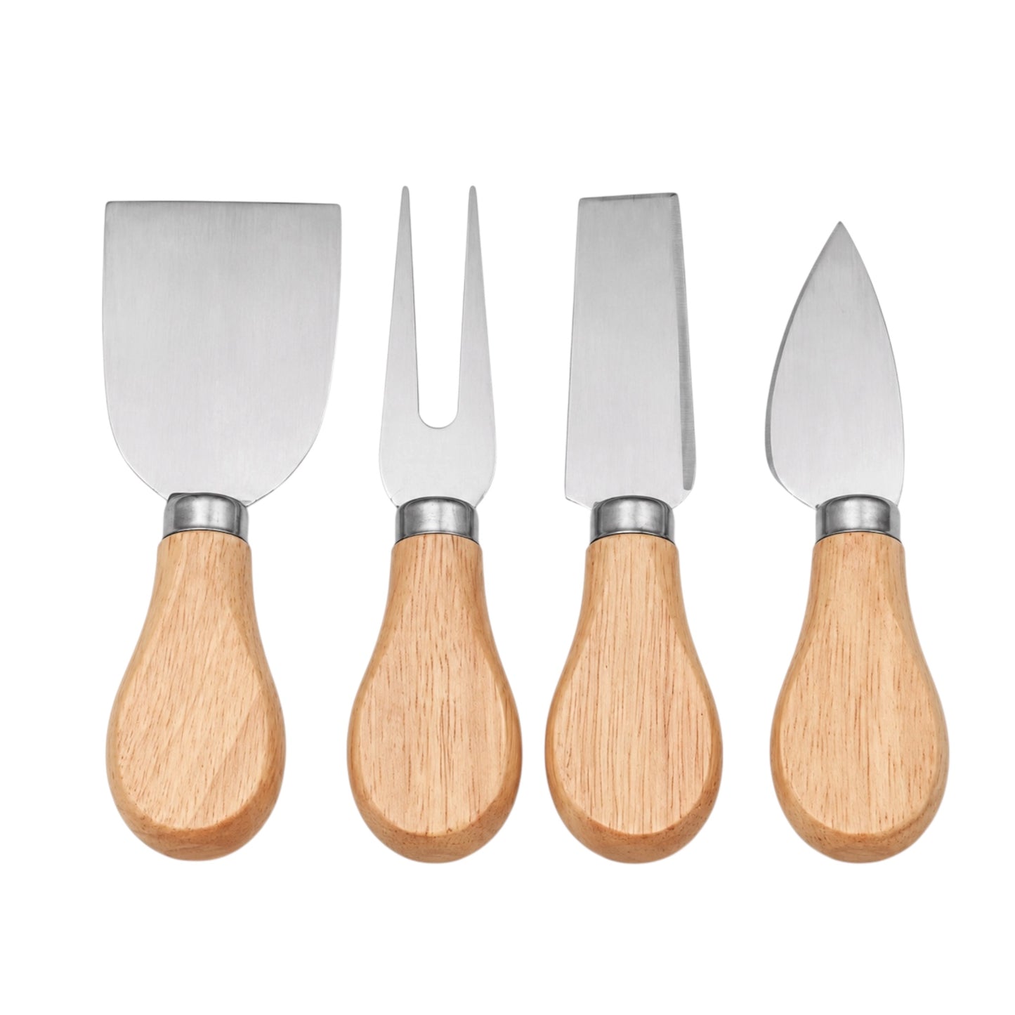Four wooden-handled cheese and carving tools with stainless steel blades, arranged side by side on a plain white background.