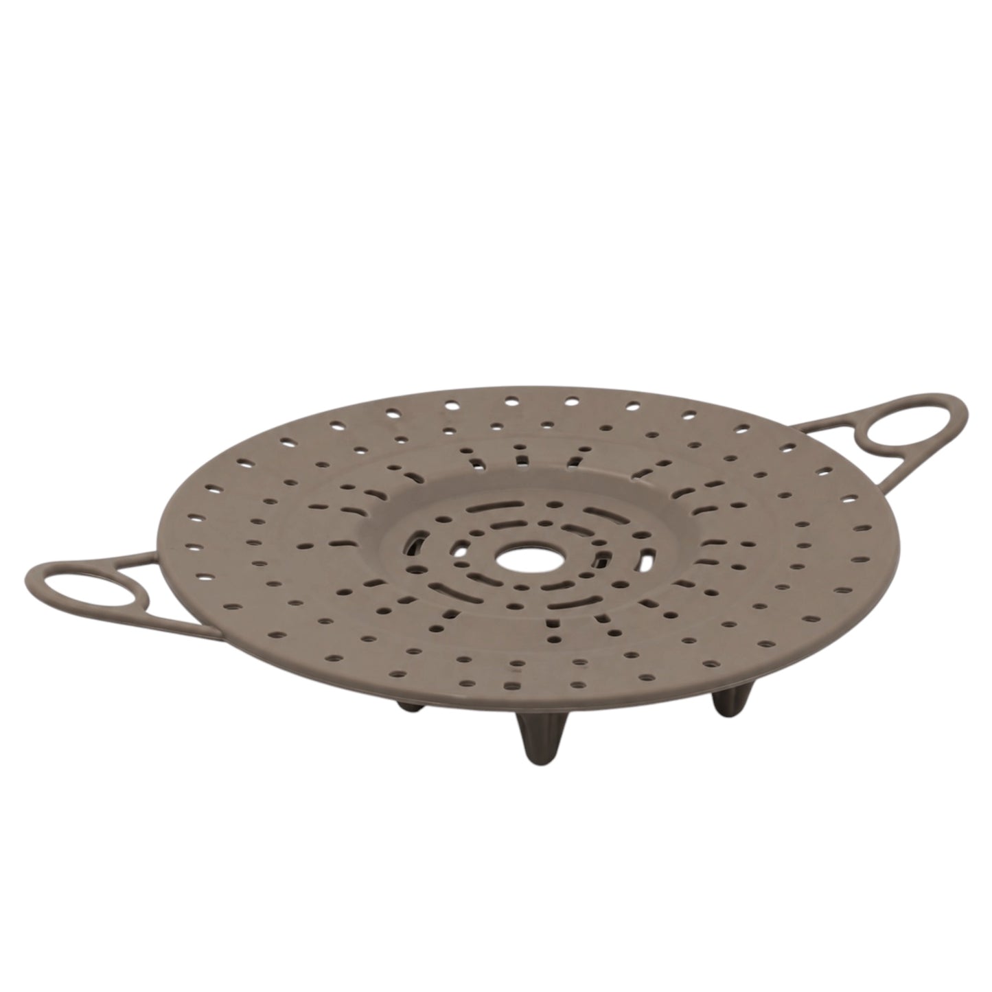 A round perforated metal steamer insert with two loop handles, shown on a plain white background.