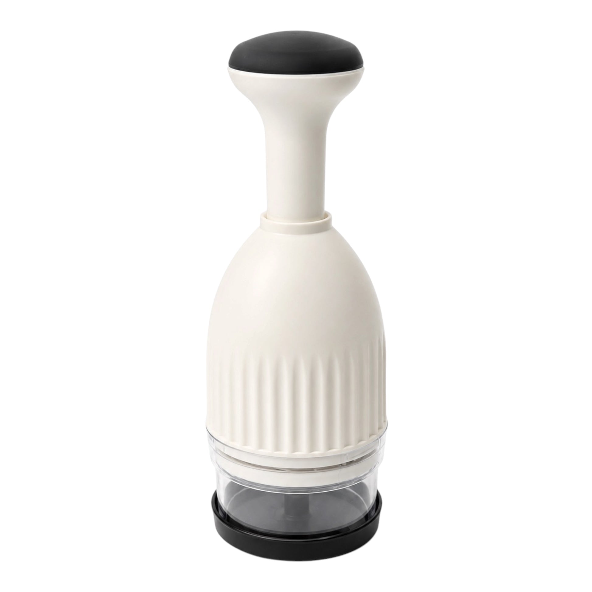 A kitchen food chopper or garlic press tool with a ribbed off-white body, a black top handle cap, and a clear container base with a black bottom ring, shown on a plain white background.