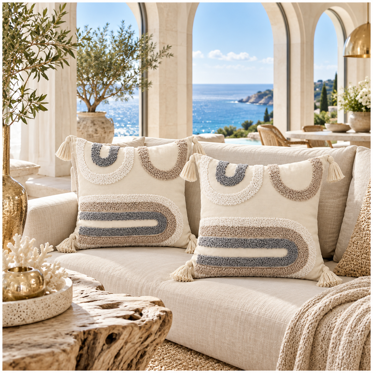 Elegant Set of 2 Boho Cushion Covers 45x45cm–Beige, Taupe and Soft Grey