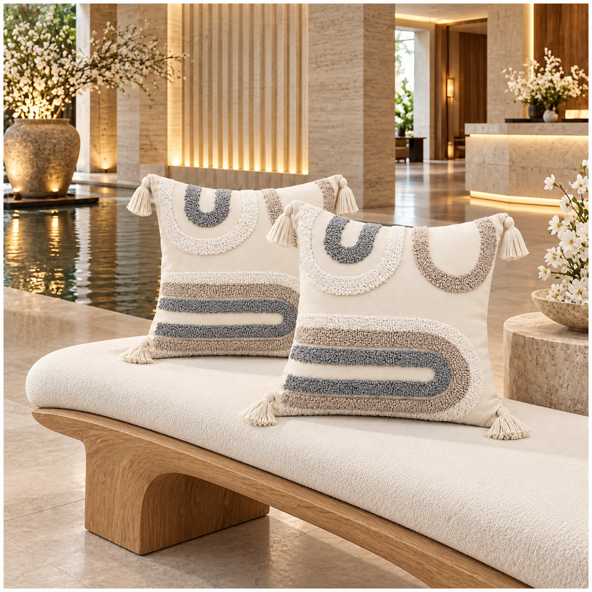 Elegant Set of 2 Boho Cushion Covers 45x45cm–Beige, Taupe and Soft Grey