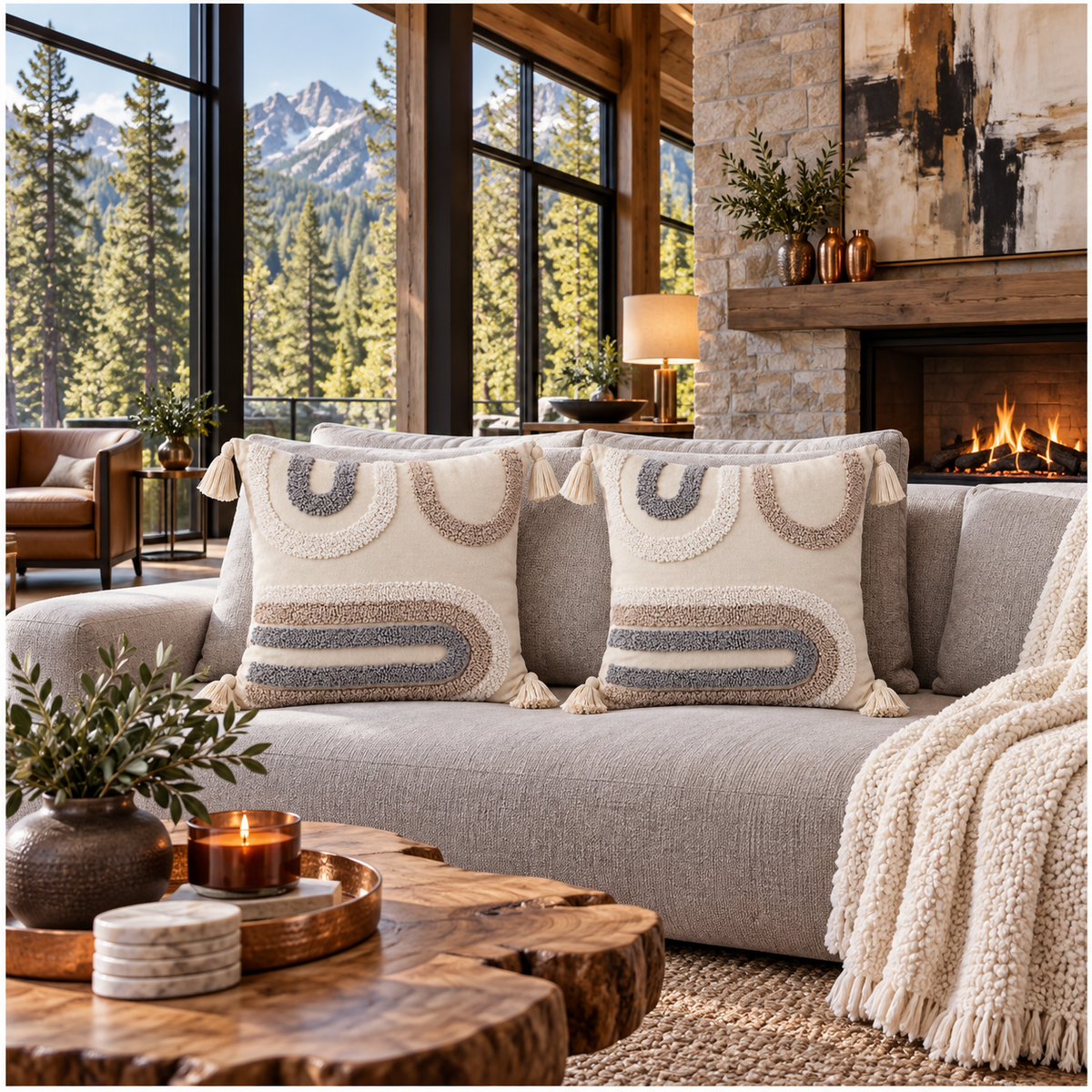 Elegant Set of 2 Boho Cushion Covers 45x45cm–Beige, Taupe and Soft Grey
