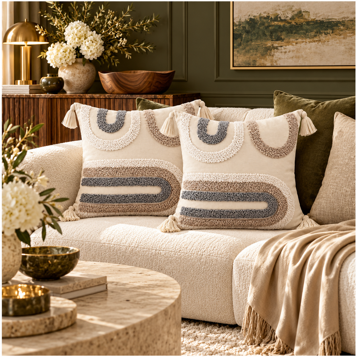 Elegant Set of 2 Boho Cushion Covers 45x45cm–Beige, Taupe and Soft Grey