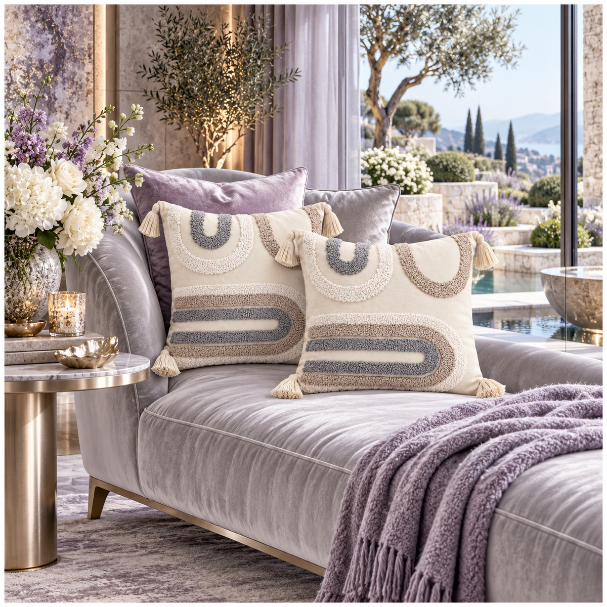 Elegant Set of 2 Boho Cushion Covers 45x45cm–Beige, Taupe and Soft Grey
