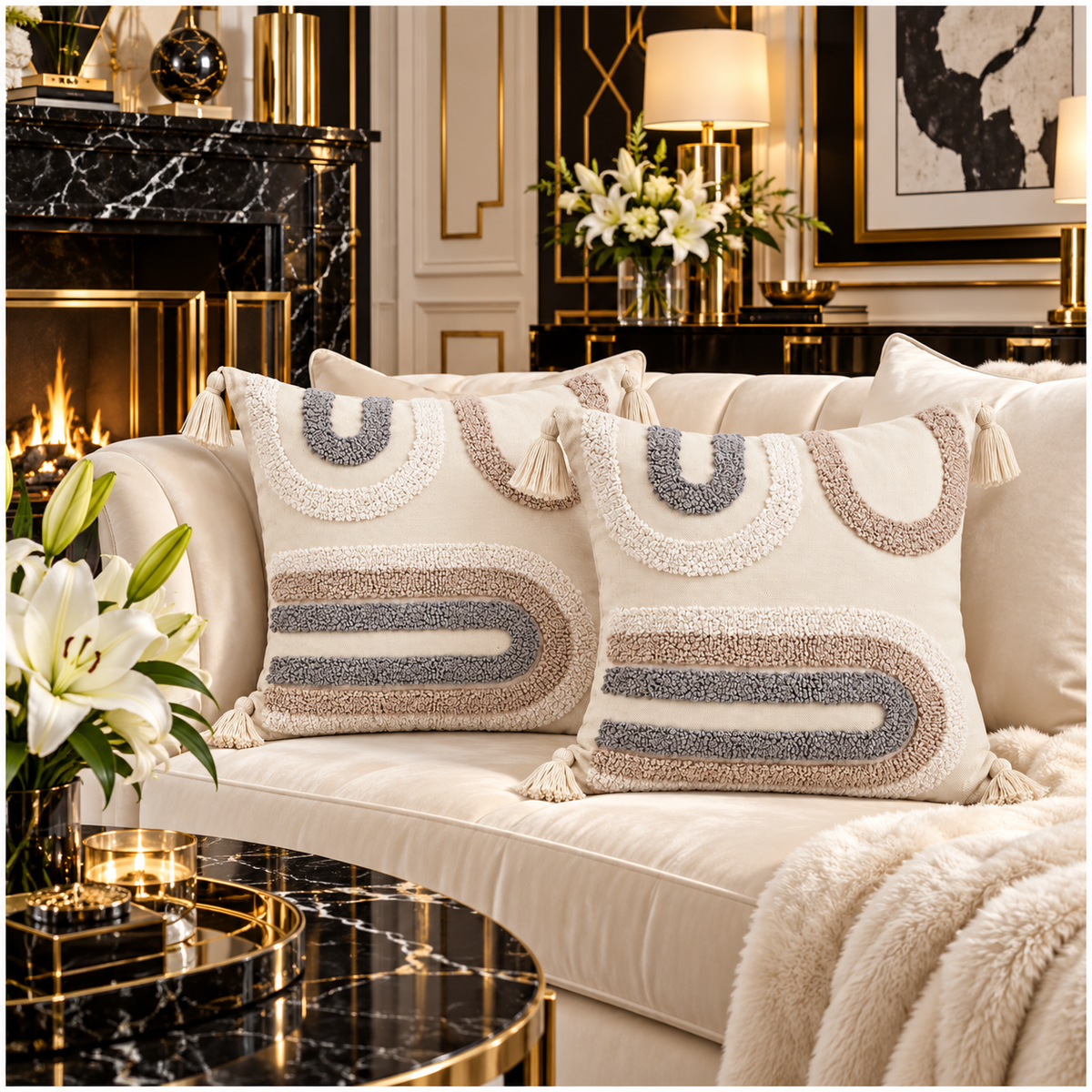 Elegant Set of 2 Boho Cushion Covers 45x45cm–Beige, Taupe and Soft Grey