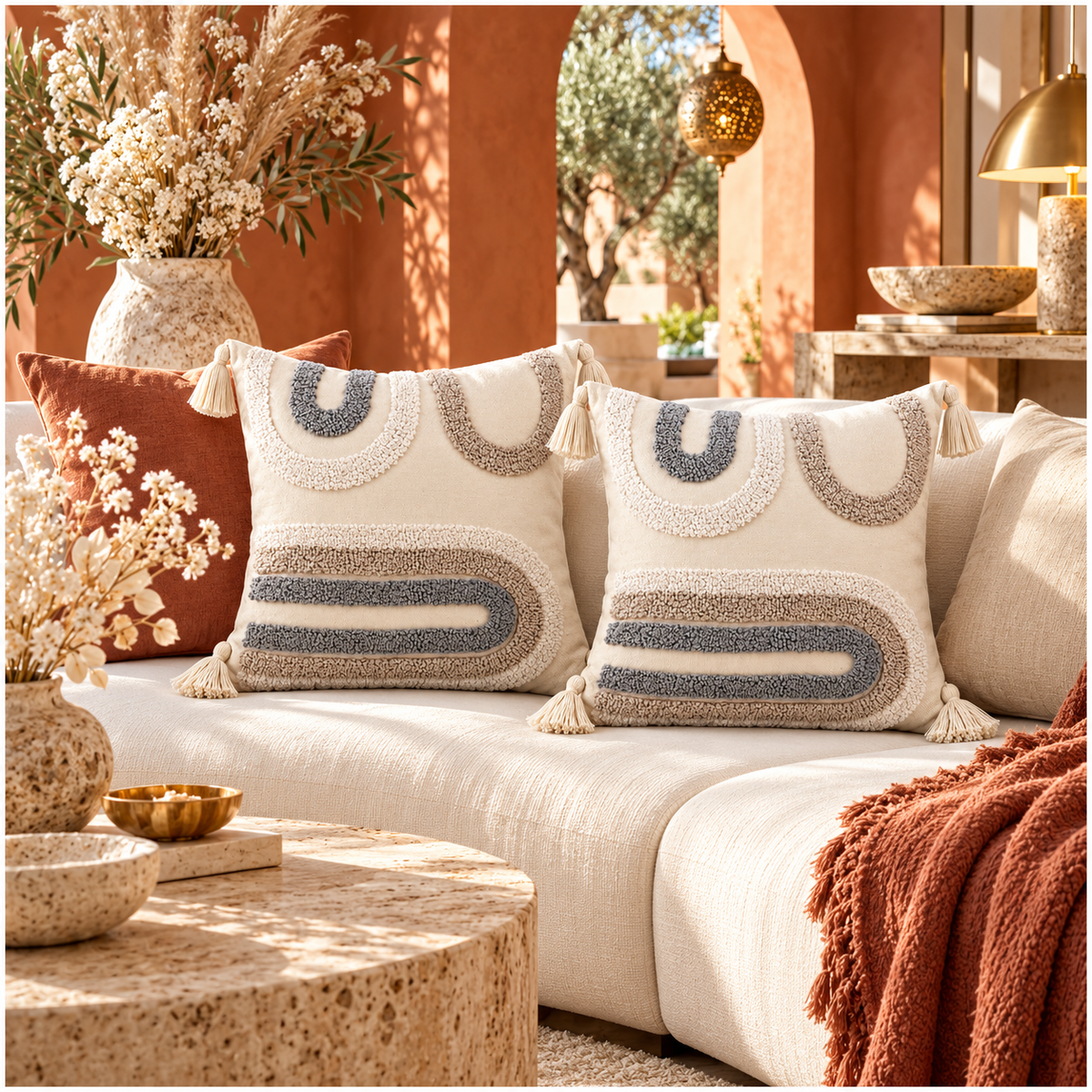 Elegant Set of 2 Boho Cushion Covers 45x45cm–Beige, Taupe and Soft Grey