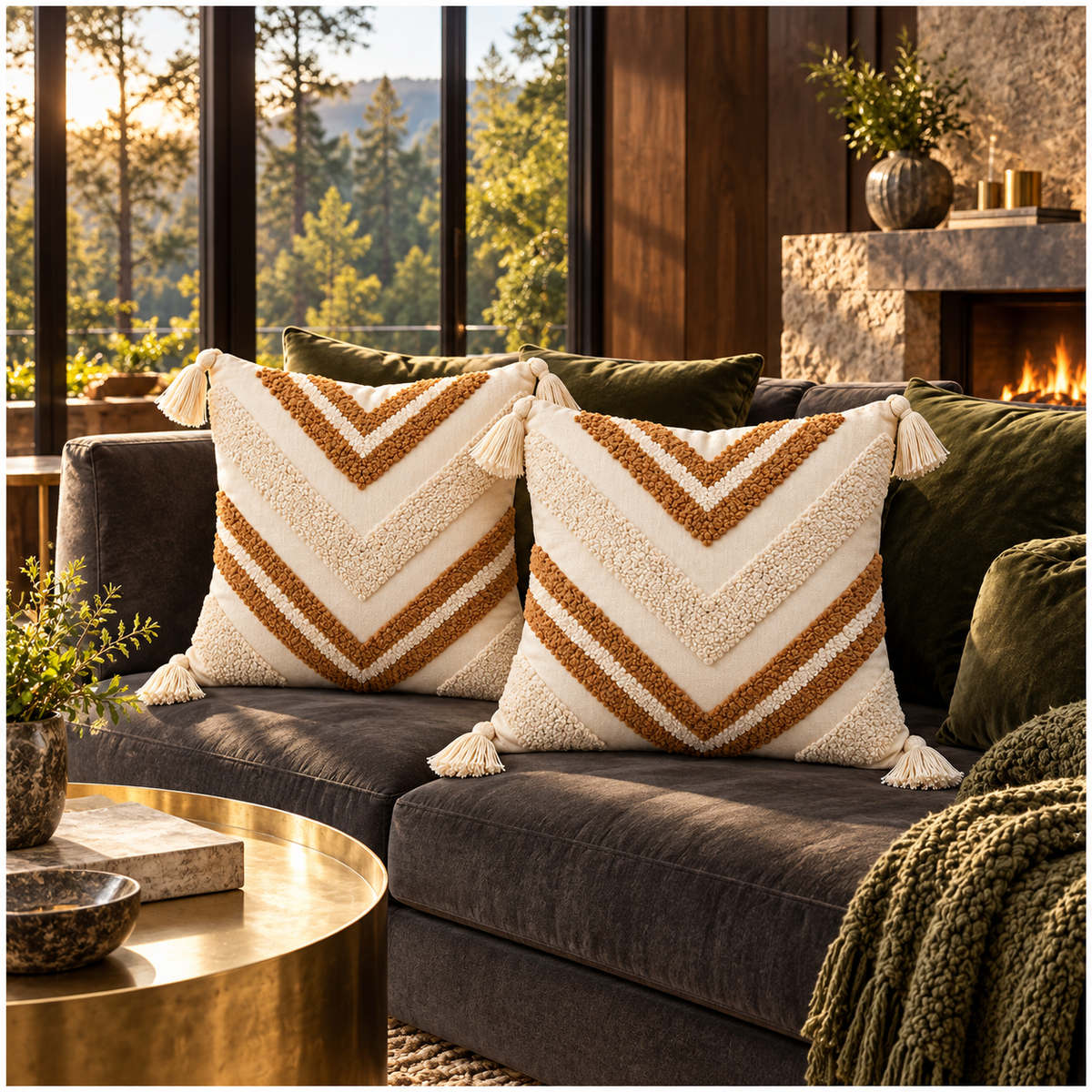 Elegant Set of 2 Boho Woven-Look Chevron Cushion Covers–Textured-45 x 45 cm