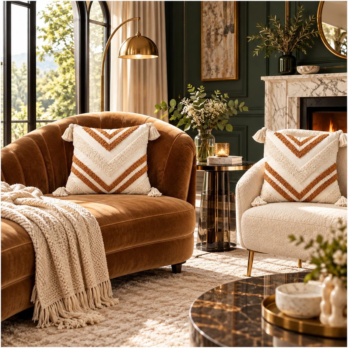 Elegant Set of 2 Boho Woven-Look Chevron Cushion Covers–Textured-45 x 45 cm