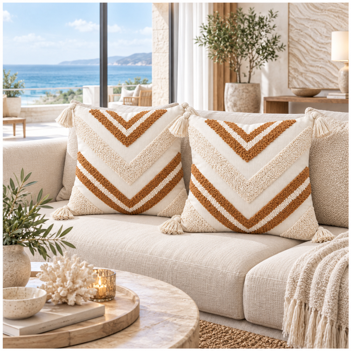 Elegant Set of 2 Boho Woven-Look Chevron Cushion Covers–Textured-45 x 45 cm
