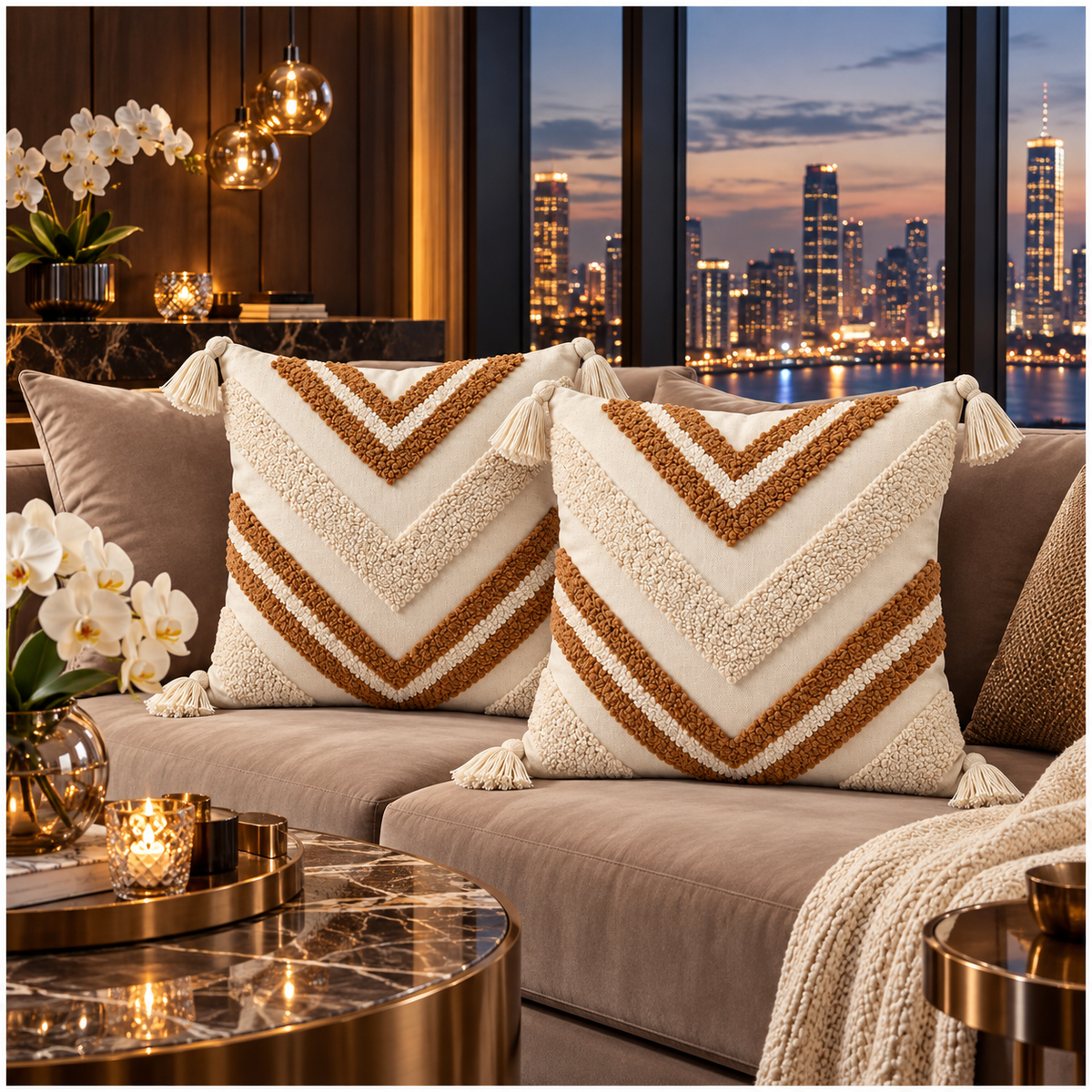Elegant Set of 2 Boho Woven-Look Chevron Cushion Covers–Textured-45 x 45 cm