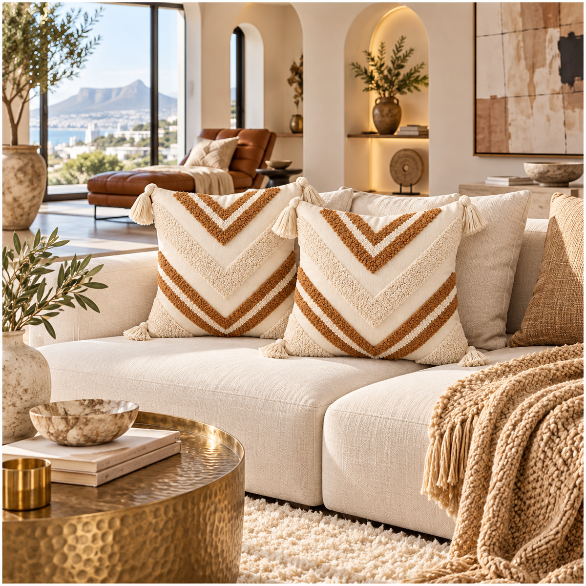 Elegant Set of 2 Boho Woven-Look Chevron Cushion Covers–Textured-45 x 45 cm
