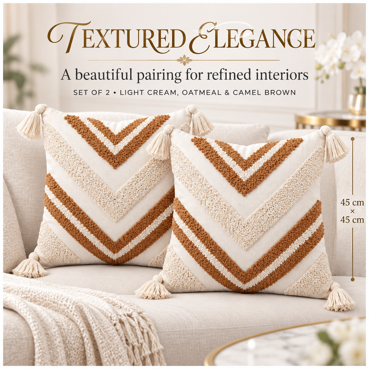 Elegant Set of 2 Boho Woven-Look Chevron Cushion Covers–Textured-45 x 45 cm