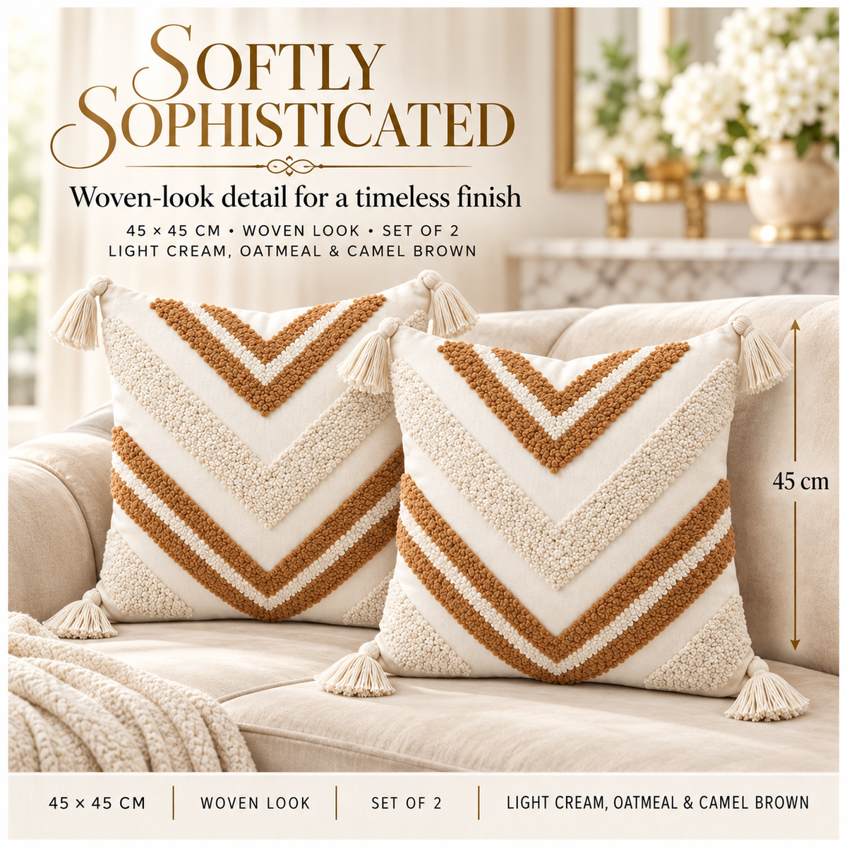 Elegant Set of 2 Boho Woven-Look Chevron Cushion Covers–Textured-45 x 45 cm