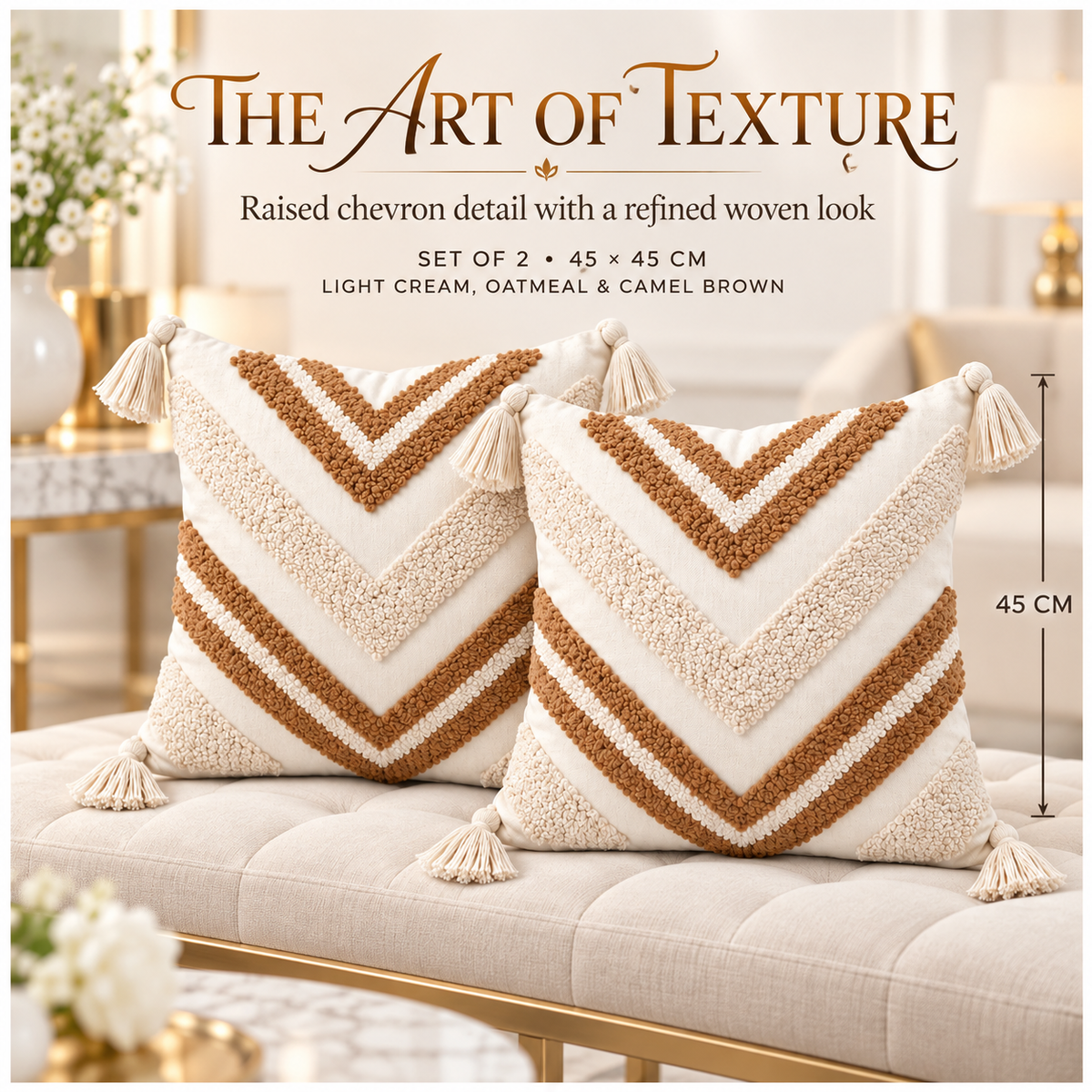 Elegant Set of 2 Boho Woven-Look Chevron Cushion Covers–Textured-45 x 45 cm