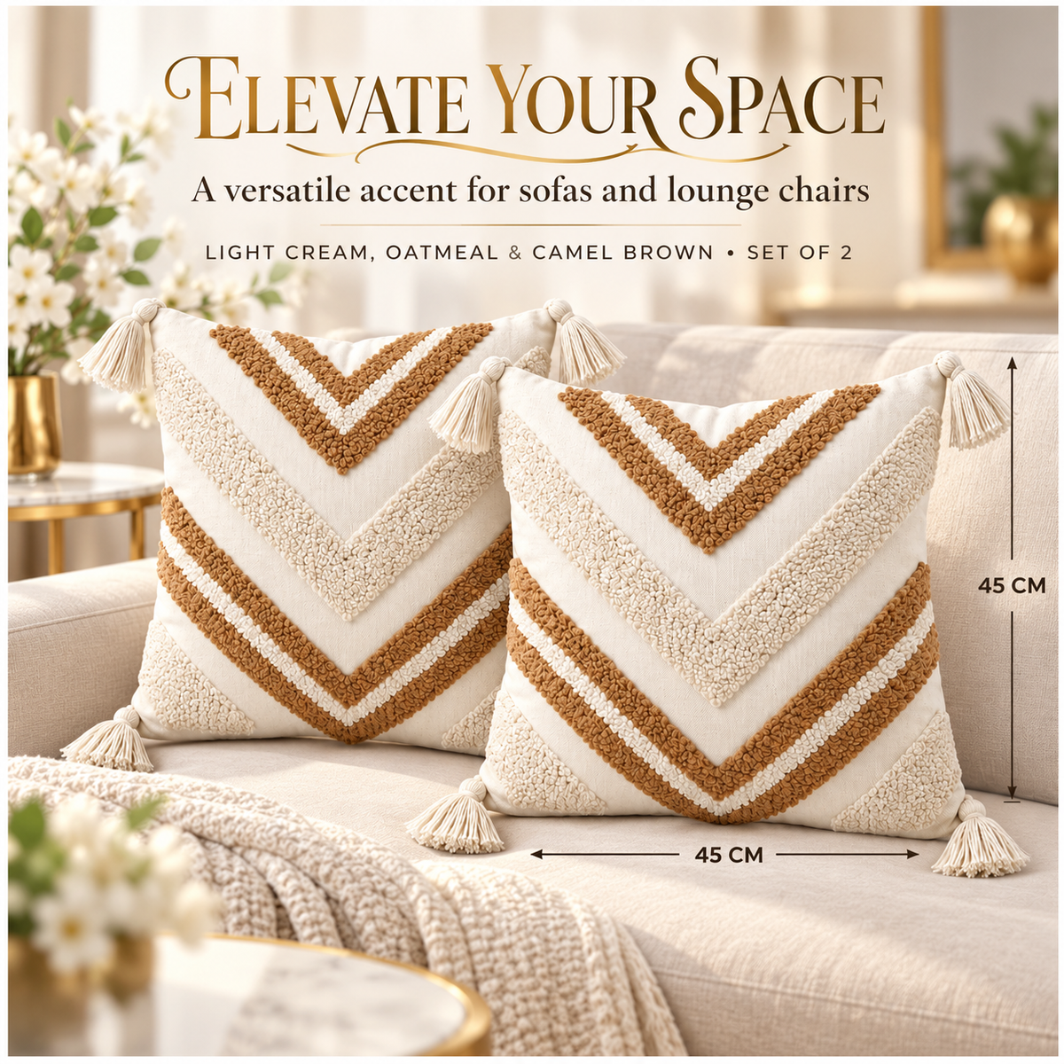 Elegant Set of 2 Boho Woven-Look Chevron Cushion Covers–Textured-45 x 45 cm