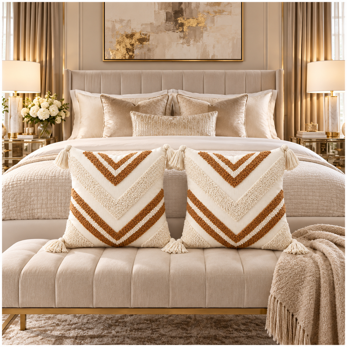 Elegant Set of 2 Boho Woven-Look Chevron Cushion Covers–Textured-45 x 45 cm