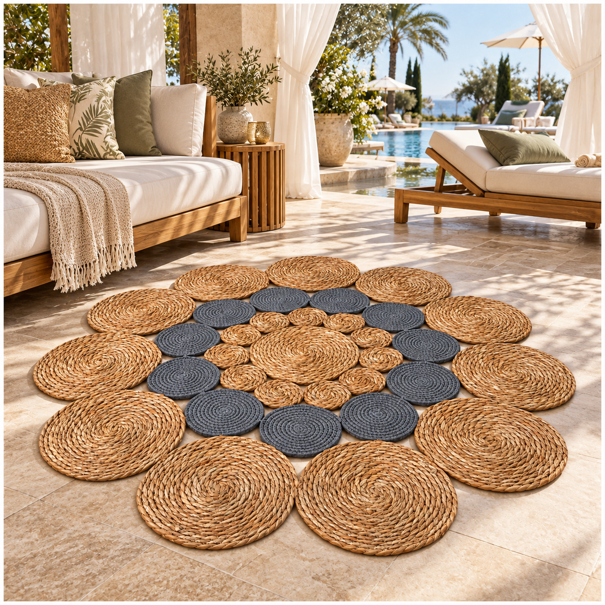 Round Braided Look Decorative Floor Mat – Natural Brown and Grey – 120cm