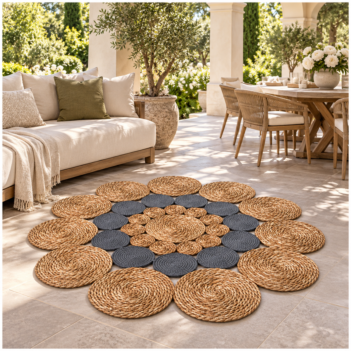 Round Braided Look Decorative Floor Mat – Natural Brown and Grey – 120cm