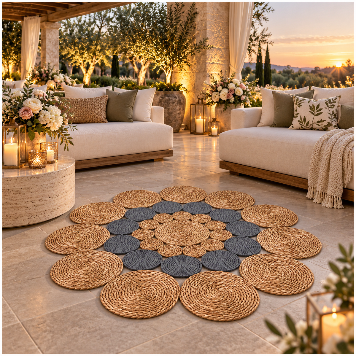 Round Braided Look Decorative Floor Mat – Natural Brown and Grey – 120cm