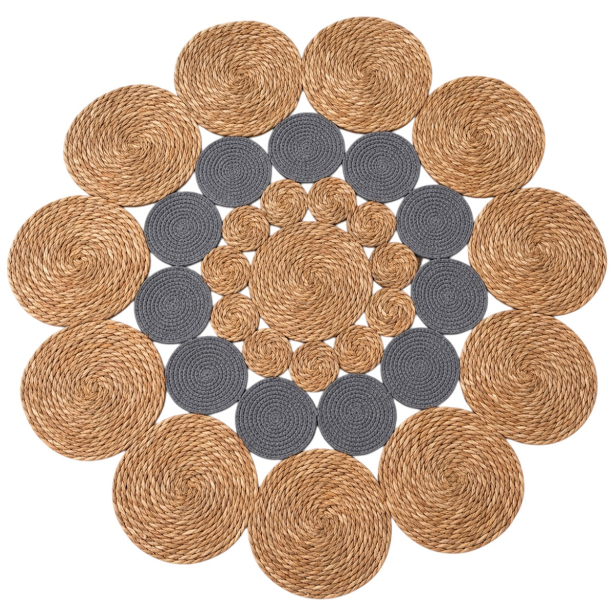 Round Braided Look Decorative Floor Mat – Natural Brown and Grey – 120cm