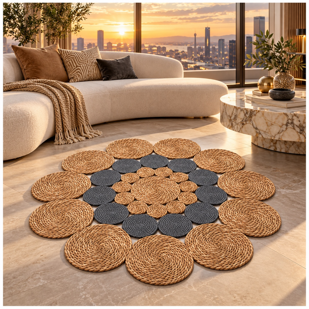 Round Braided Look Decorative Floor Mat – Natural Brown and Grey – 120cm