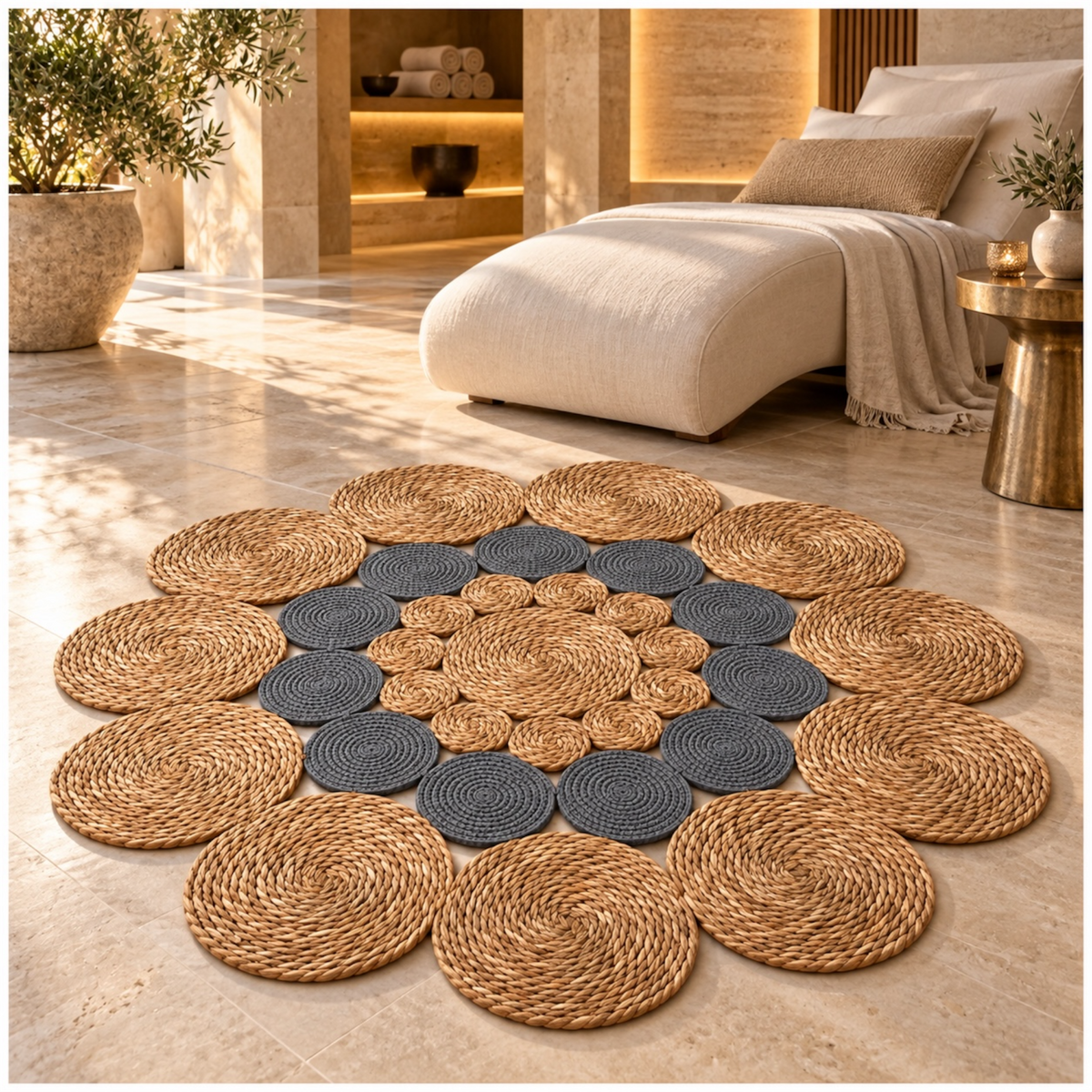 Round Braided Look Decorative Floor Mat – Natural Brown and Grey – 120cm