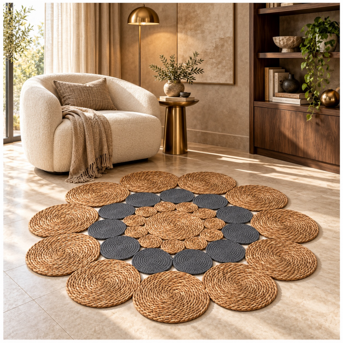 Round Braided Look Decorative Floor Mat – Natural Brown and Grey – 120cm