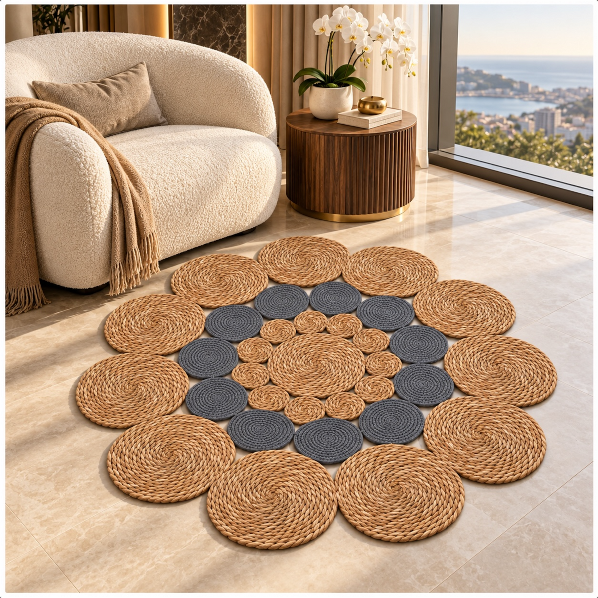 Round Braided Look Decorative Floor Mat – Natural Brown and Grey – 120cm