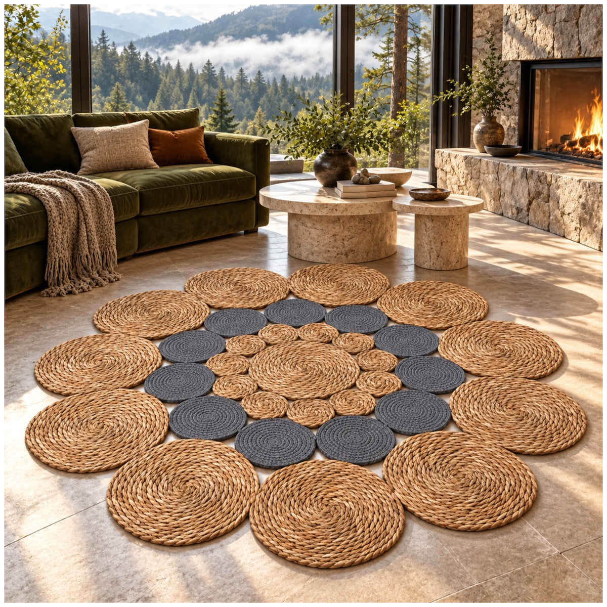 Round Braided Look Decorative Floor Mat – Natural Brown and Grey – 120cm